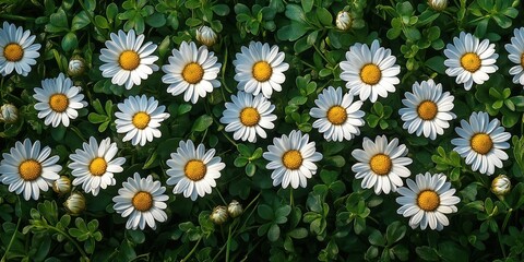 White daisies bloom in a spring meadow. Seamless pattern of flowers and green leaves. Nature background. Beautiful floral design. Perfect for wallpaper or spring-themed projects.