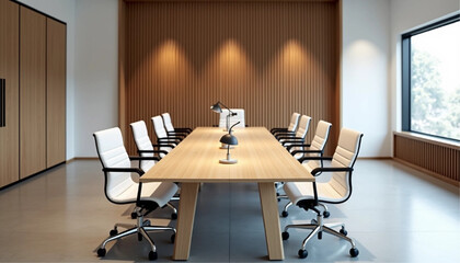 Empty white wall mockup in modern office space with minimalist design and wood accents, featuring desks and chairs in the background. 3D Rendering.