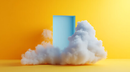 3D render of a minimalistic cloud in a yellow background with a door-shaped opening and a blue wall.