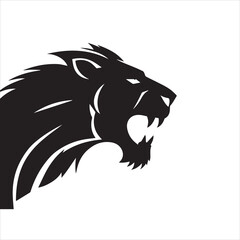 silhouette vector illustration of a lion head with its mouth open and teeth visible.