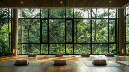 Fototapeta premium Serene Yoga Studio Surrounded by Nature with Sunlight and Tranquility