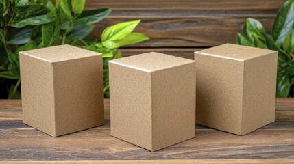 Minimalist packaging made from recycled materials displayed on rustic wood. Emphasize simplicity, sustainability, and earthy tones.