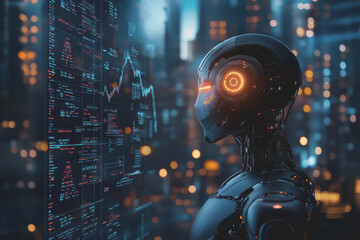 A futuristic city with robots stock market charts, and an AI-driven financial industry.