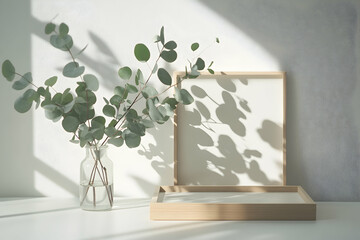Sunlight Illuminates Eucalyptus Branches and Wooden Frames in a Minimalist Still Life