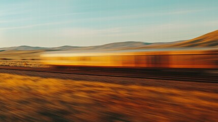Fast Moving Train Blurs Across Landscape of Rolling Hills and Sunset Sky