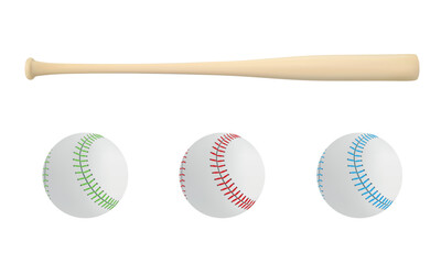 Baseball bat and ball in vector on white background. A baseball made of leather.A baseball bat in a vector.Photorealism.