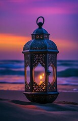 A beautiful Ramadan lantern stands on the sand of an exotic beach at sunset, with space for text "Souchi 2024". The sky is painted in hues of purple and orange, reflecting Ramadan colors. In the backg