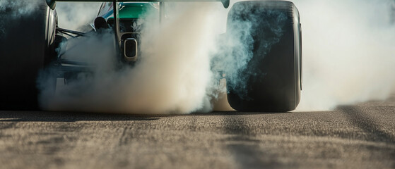 Green Formula 1 car&rsquo;s rear wing during smokey burnouts