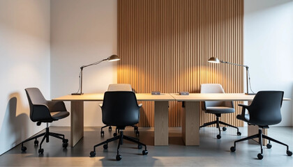 Empty white wall mockup in modern office space with minimalist design and wood accents, featuring desks and chairs in the background. 3D Rendering.