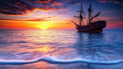 Obraz premium Sunset galleon ocean beach waves sunrise travel