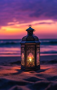 A beautiful Ramadan lantern stands on the sand of an exotic beach at sunset, with space for text "Souchi 2024". The sky is painted in hues of purple and orange, reflecting Ramadan colors. In the backg