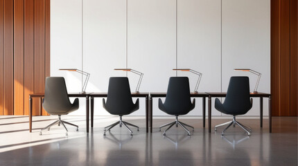 Empty white wall mockup in modern office space with minimalist design and wood accents, featuring desks and chairs in the background. 3D Rendering.