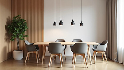 Empty white wall mockup in modern office space with minimalist design and wood accents, featuring desks and chairs in the background. 3D Rendering.