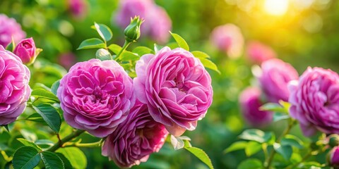 Freshly picked Damask rose heads closeup in a lush green garden on a warm summer day , gardening, plant