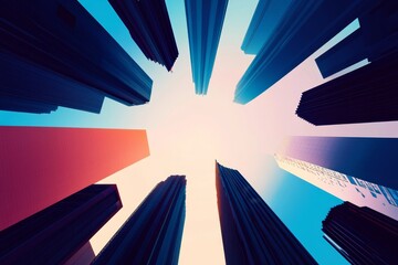 Urban skyline viewed from below with towering buildings against a colorful sky at midday