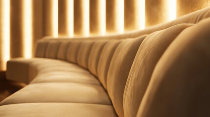 Curved upholstered sofa in luxurious interior with soft fabric and warm lighting