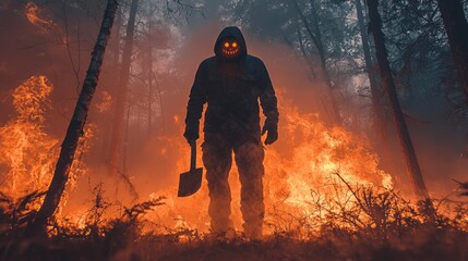 Fototapeta premium A fearsome woodcutter stands amidst a foggy, burning forest, brandishing an axe. The flickering flames cast an ominous glow, enhancing the chilling atmosphere of the scene