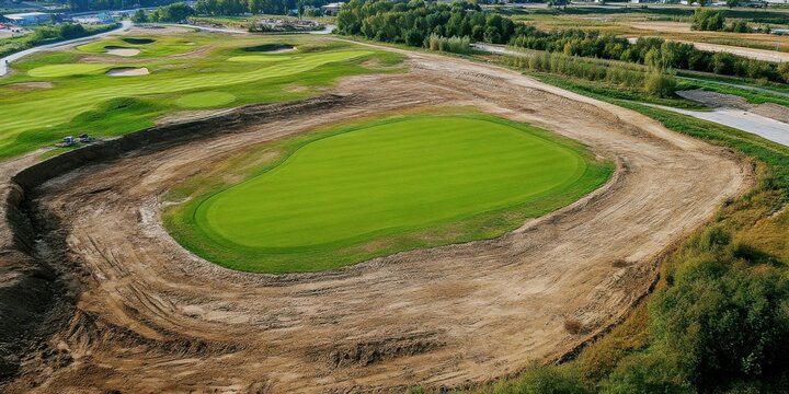 golf course under development with defined grass areas surrounded by bare soil, construction and land use transformation