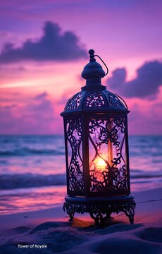 A beautiful Ramadan lantern stands on the sand of an exotic beach at sunset, with space for text "Souchi 2024". The sky is painted in hues of purple and orange, reflecting Ramadan colors. In the backg