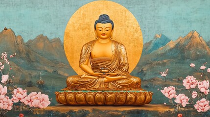 Intricate Golden Buddha Thangka Statue Surrounded by Colorful Cloud Motifs in a Serene Setting