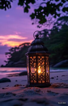 A beautiful Ramadan lantern stands on the sand of an exotic beach at sunset, with space for text "Souchi 2024". The sky is painted in hues of purple and orange, reflecting Ramadan colors. In the backg