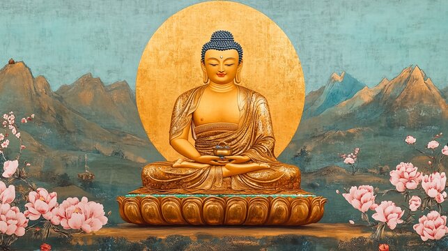 Intricate Golden Buddha Thangka Statue Surrounded by Colorful Cloud Motifs in a Serene Setting