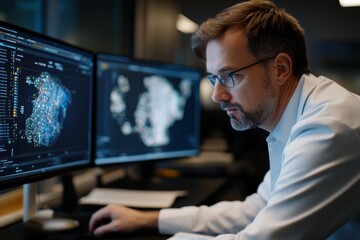 A professional intensely studies data on dual monitors, symbolizing concentration and the significance of data-driven decision-making in today's fast-paced business world.