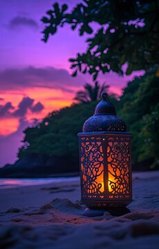 A beautiful Ramadan lantern stands on the sand of an exotic beach at sunset, with space for text "Souchi 2024". The sky is painted in hues of purple and orange, reflecting Ramadan colors. In the backg