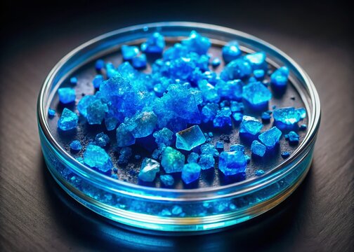 Bright Blue Copper Sulfate Crystals in Petri Dish - Top View Stock Photo
