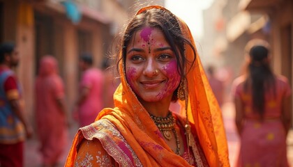 Fototapeta premium Beautiful Indian woman celebrating Holi festival of colors. Concept of tradition, culture, and celebration.