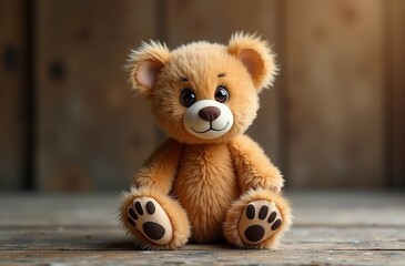 Brown teddy bear sitting alone on a wooden surface against a blurred background with his hands down created