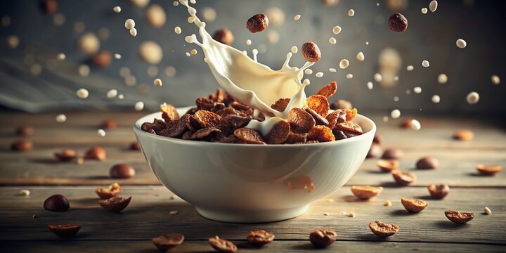 Vintage Slow-Motion Cereal Milk Splash: Chocolate Corn Flakes Breakfast