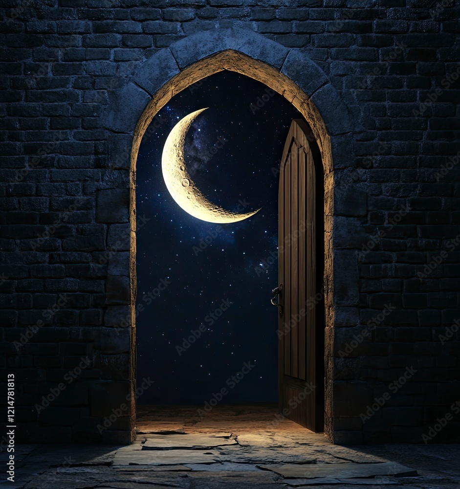 Poster a crescent moon is seen through an open door in the dark night sky, creating a mysterious and enchan