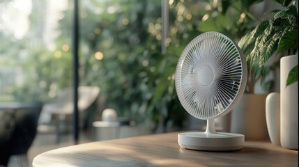 A close-up shot of a tabletop fan with spinning blades, creating a soft breeze in a modern home setting