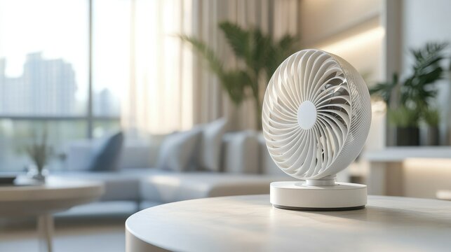 A close-up shot of a tabletop fan with spinning blades, creating a soft breeze in a modern home setting