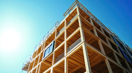 Wooden Frame Building Under Construction with Blue Sky