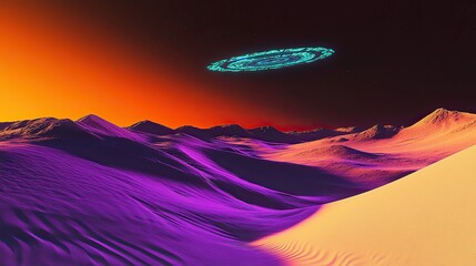 A surreal desert of polygonal sand dunes glowing faint purple under the harsh light of a fragmented cyan energy disc suspended low in the orange and black sky.