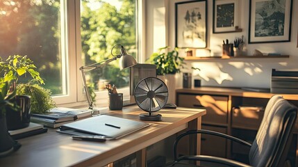 Fototapeta premium A compact tabletop fan with small spinning blades, surrounded by minimalistic furniture in a home office