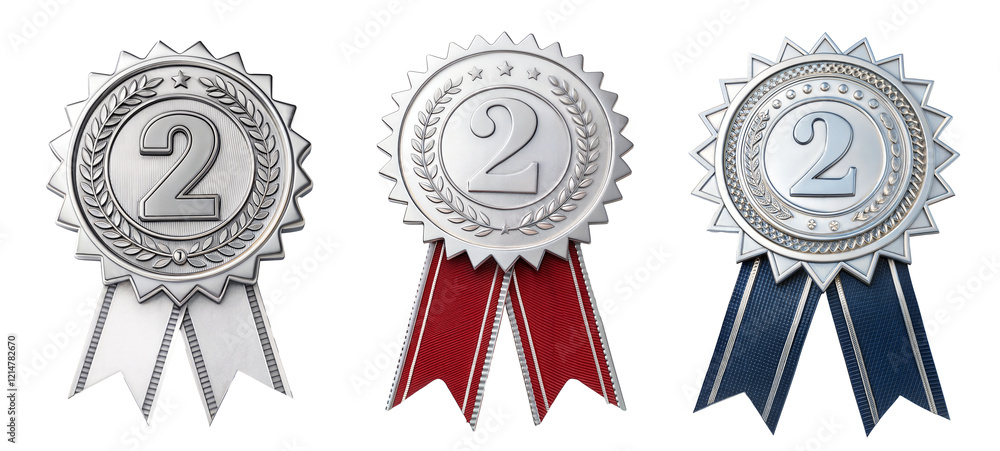 Poster set of three silver badge medals for the second prize winners, on a transparent background with a cl