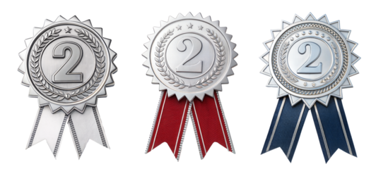 Set of three silver badge medals for the second prize winners, on a transparent background with a clipping path. 