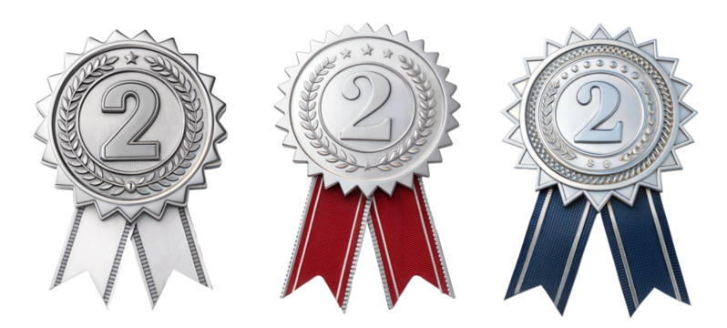 Set of three silver badge medals for the second prize winners, on a transparent background with a clipping path. 