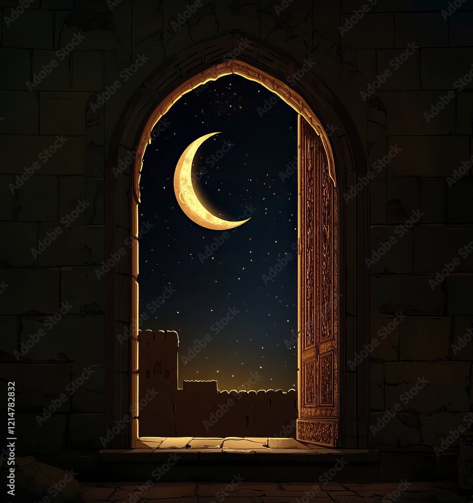 Poster a crescent moon is seen through an open door in the dark night sky, creating a mysterious and enchan