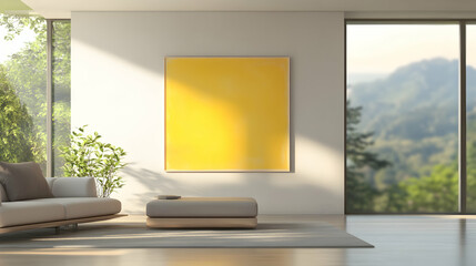 Modern Living Room with Yellow Artwork and Mountain View