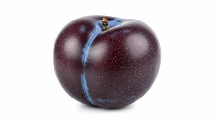 Fresh Ripe Single Plum Fruit Dark Purple Isolated on White Background