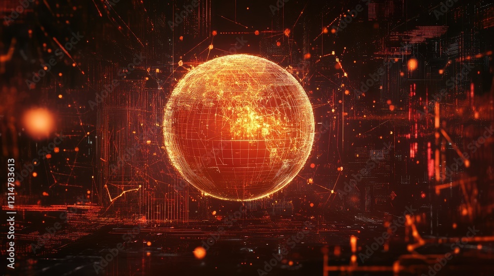 Wall mural a digital globe surrounded by blockchain nodes and glowing lines, symbolizing global connectivity