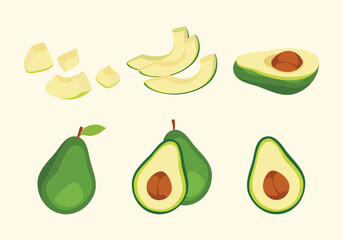 Avocado set: Whole fruit with leaf, half with seed and slices isolated on background. Healthy diet. Vector illustration.