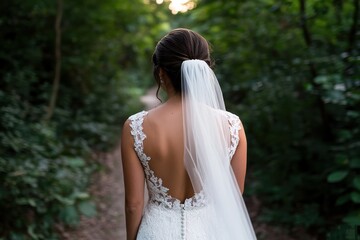 Naklejka premium A captivating image of a bride wearing an elegant wedding dress, walking through a tranquil forest, symbolizing romance, nature, and the beauty of love's journey.