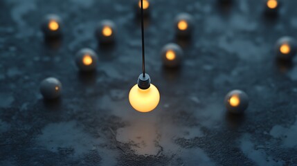 Fototapeta premium Light bulb hanging from a black wire glowing softly surrounded by unlit bulbs on a gray surface