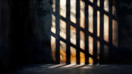 Sunlight casting dramatic shadows through iron bars onto the concrete wall and floor of a dark prison cell