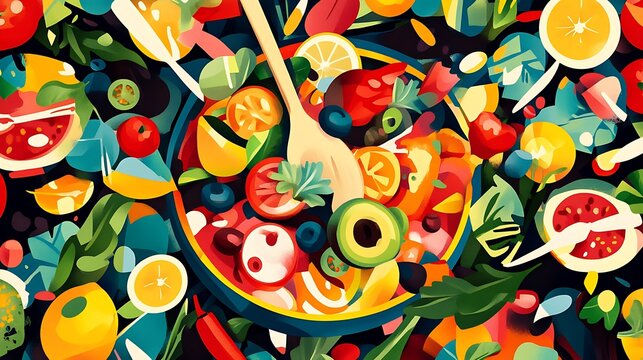 Colorful Fruits and Vegetables in a Bowl with Wooden Spoon